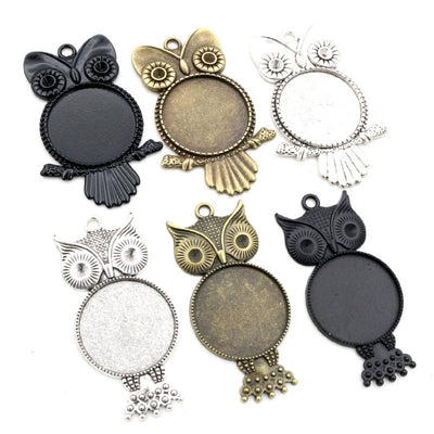 Owl Shaped Round Pendant Bezel Trays in Six Antique Finishes — grouped product view