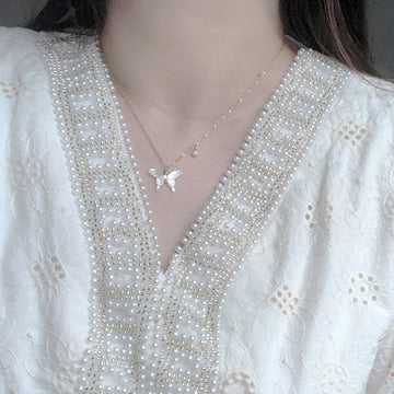 Gold Tone White Butterfly Pendant Necklace with Fine Chain