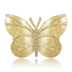 Gold Silver Hammered Butterfly Brooch Clear Crystal Body