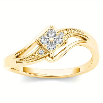 Gold rhombus four-stone cluster ring angled on white background