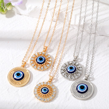 Gold and Silver Tone Round Openwork Evil Eye Pendant Necklaces