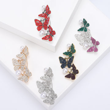 Three-butterfly Brooch with Pearl-look Ends In 5 Color Variants