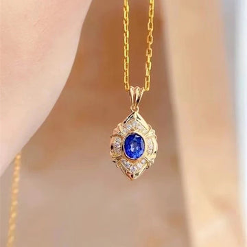 Gold Marquise Blue Oval Pendant Necklace Clear CZ Halo