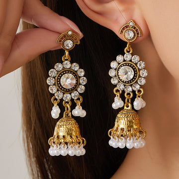 Four Color Clear Halo Gold Tone Jhumka Bell Dangle Earrings