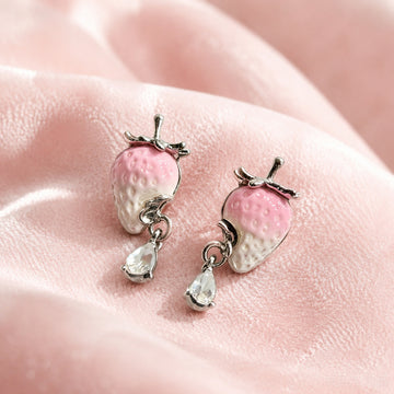Pink White Strawberry and Clear Drop Silver Tone Earrings