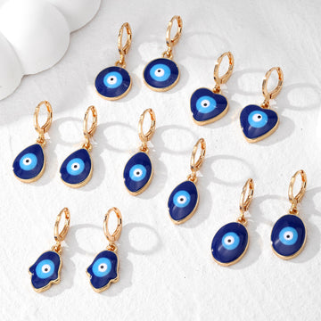 Gold Tone Blue Evil Eye Huggie Drop Earrings in Six Shapes