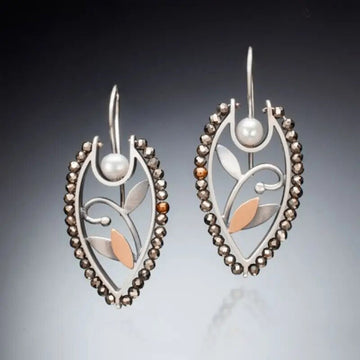 Mixed Metal Leaf Teardrop Drop Earrings Beaded Frame Pearl Pair