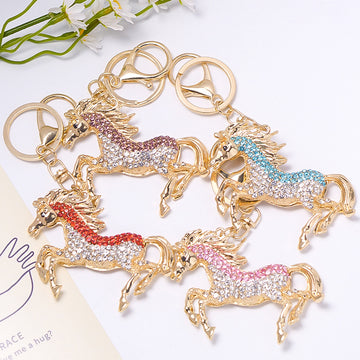 Rhinestone Running Horse Keychain Gold Tone Metal Bag Charm