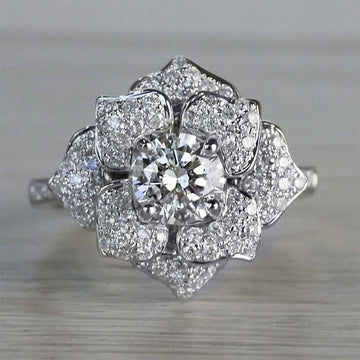 Silver Tone Layered Floral Cluster Statement Ring With Polished Clear Stone Detail