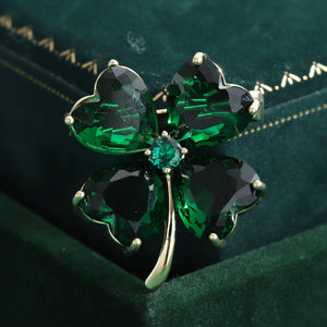 Four Leaf Clover Brooch with Heart-Cut Crystals, Gold Tone Pin
