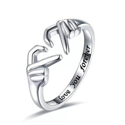 Silver white gold heart hands gesture ring with inner engraving