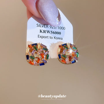 Gold Tone Multicolor Crystal Square Stud Earrings Fashion Jewelry