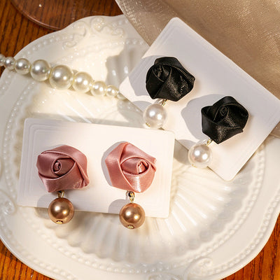 Primary supplied view of fabric rose pearl-look earrings