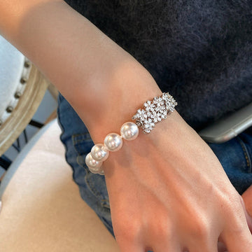 Silver Pearl Bracelet Crystal Flower Cluster Bar Accent
