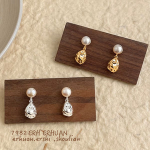 Pearl Stud Earrings Irregular Molten Metal Drop Gold Silver