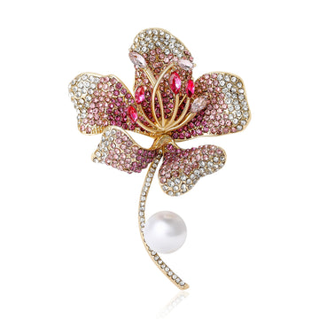 Pearl Drop Rhinestone Flower Brooch in Blue and Pink