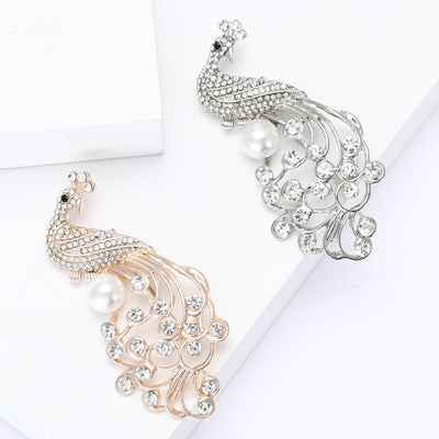 Pearl Tail Rhinestone Peacock Brooch isolated front view