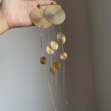 Gold Textured Disc Extra Long Chain Drop Earrings Jewelry Accessory