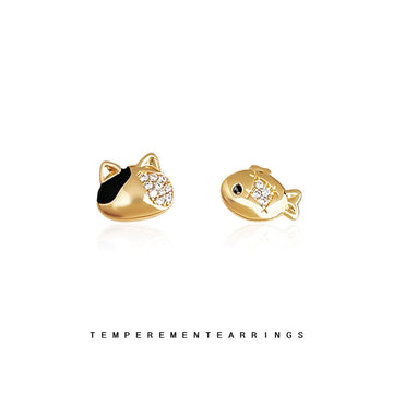 Gold-Tone Cat and Fish Mismatched Crystal Stud Earrings