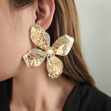 Hammered Gold Flower Pearl Look Oversized Statement Earrings
