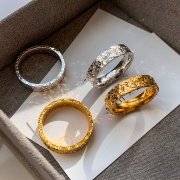 Gold Hammered Crinkle Textured Band Ring Metal Finish