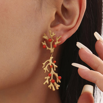 Gold Coral Branch Shell Pearl and Enamel Drop Earrings