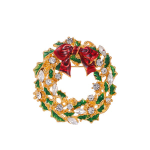 Zinc Alloy Christmas Wreath Brooch with Green Enamel and Red Bow