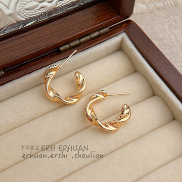 Gold Polished Twisted Ribbon Open Hoop Stud Earrings
