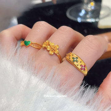 Gold Tone Double Flower Open Adjustable Ring Style