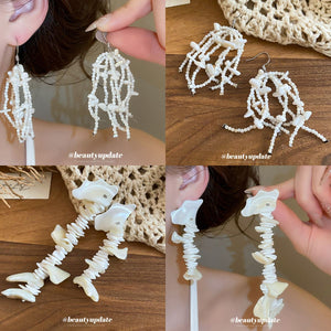 White Shell Chip and Bead Long Earrings Statement Jewelry
