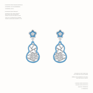 Blue Enamel Gourd Drop Earrings Silver Tone Flower Posts