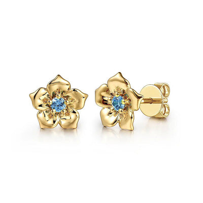 Gold five petal flower blue CZ stud earrings pair showing post back