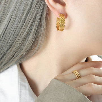 Woven Mesh Multi-Row C-Hoop Stud Earrings Gold Steel