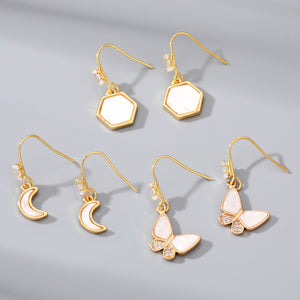 Gold-Tone Shell Charm Hook Earrings, Hexagon Butterfly or Moon