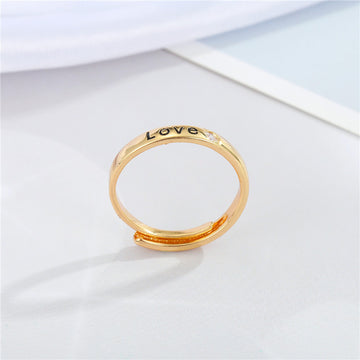 Gold Tone Love Engraved Adjustable Open Ring with Small Crystal