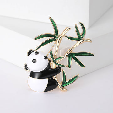 Panda Climbing Green Bamboo Enamel Brooch in Gold Tone