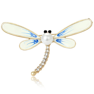 Dragonfly Pearl Brooch Blue Enamel Wings Gold Rhinestone Pin