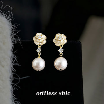Cream Enamel Camellia Pearl Zircon Drop Stud Earrings