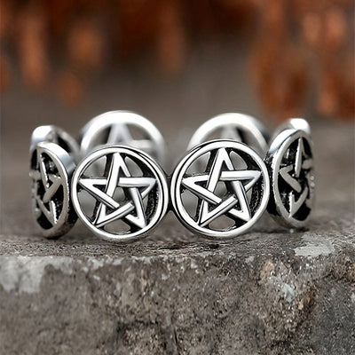 Antique Silver Tone Open Star Band Ring Polished Metal Jewelry front product view