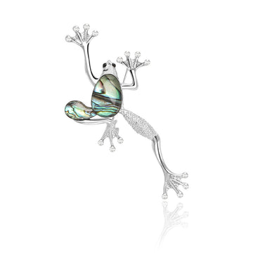 Silver Tone Frog Brooch with Iridescent Shell Inlay