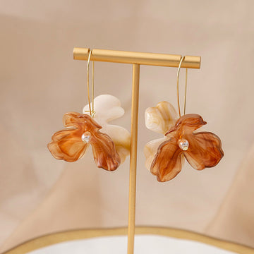 Orange Cream Petal Double Flower Long Hook Earrings