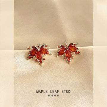 Gold Tone Red Orange Faceted Stone Maple Leaf Stud Earrings