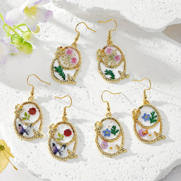 Ornate Oval Pressed Flower Drop Earrings in Three Designs