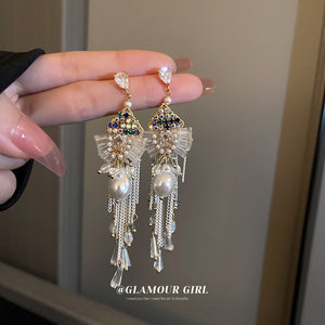 Gold Crystal Fan Pearl Tassel Drop Earrings Polished Metal Jewelry