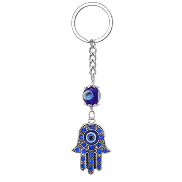 Silver Tone Blue Crystal Hamsa Evil Eye Beaded Split Ring Keychain