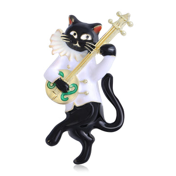 Black Enamel Cat Playing Lute Brooch White Collar Gold Trim