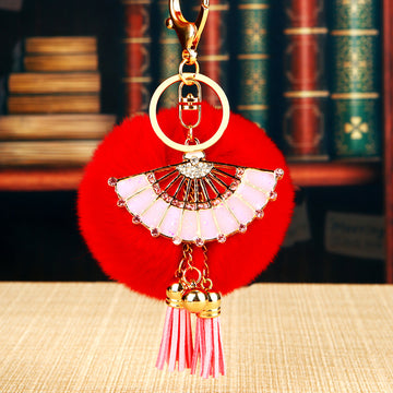 Folding Fan Rabbit Fur Pom Keychains in Ten Pictured Color Combinations