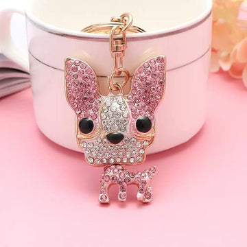 Rhinestone French Bulldog Puppy Metal Keychain Gold