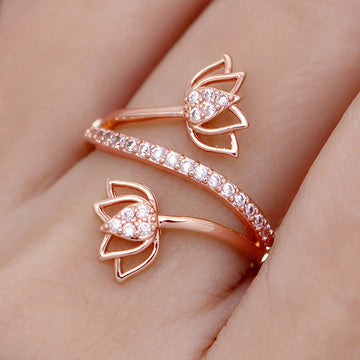 Rose Gold Dual Lotus Flower Open Wrap CZ Fashion Ring
