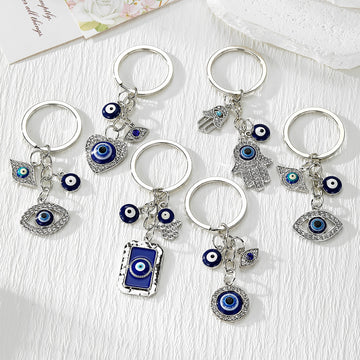 Blue Evil Eye Heart, Hamsa and Eye Metal Keychains